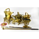 A mixed lot of brass and copper ware to include a set of bellows, brass coffee pot, brass oil cans,