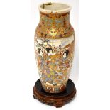 A Japanese Meiji Period Satsuma baluster vase with twin banded rich gilt-heightened decoration to