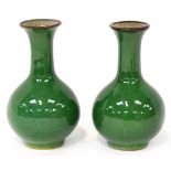 A pair of Chinese crackle glaze Meiping vases, deep aqua green ground with brown glaze to the rim,