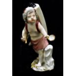 MEISSEN; a late 18th century figure of a child wine seller with tap in right hand and cup in left,