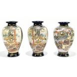 Three mid 20th century Japanese Satsuma vases decorated with warriors and figures in landscape,