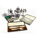 A small collection of assorted silver plate including a John Turton hand chased four piece tea