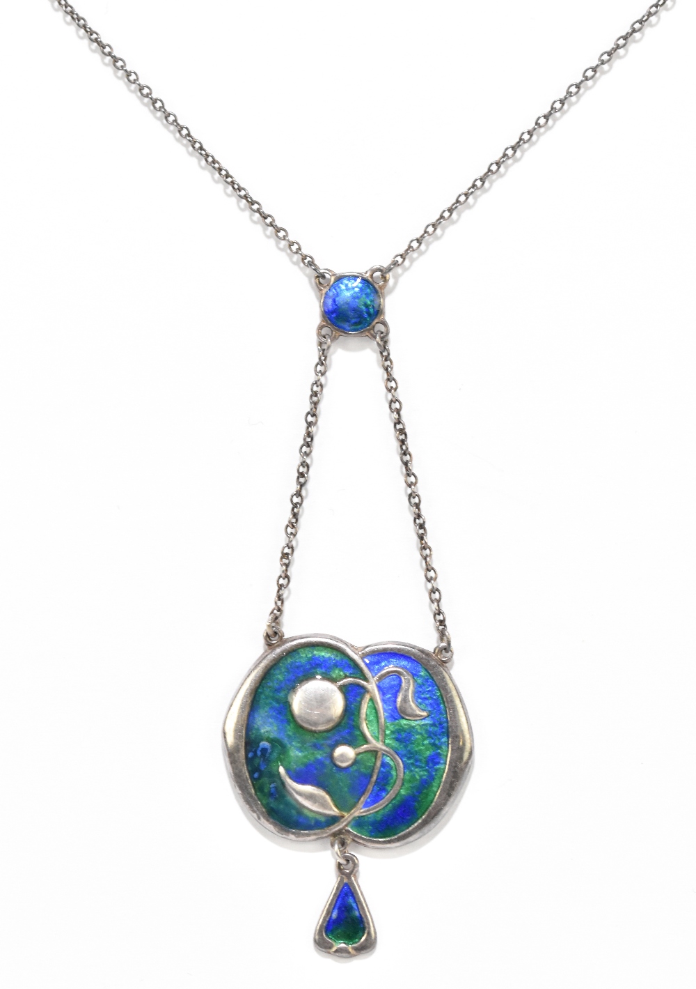 CHARLES HORNER; a George V hallmarked silver and blue/green enamel decorated Art Nouveau necklace,