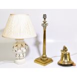 A brass Corinthian column table lamp on stepped square base, height 45cm, also a Casa Pupo ceramic