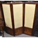 An Edwardian mahogany three leaf folding screen with three floral upholstered panels above inlaid