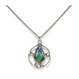 CHARLES HORNER; a George V hallmarked silver and blue/green double sided pierced wire work framed