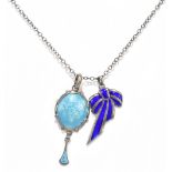 CHARLES HORNER; a sterling silver and pale blue enamel decorated pendant with grape and vine