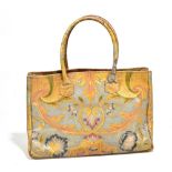 STEPHANE KELIAN; an unusual vintage duck egg blue, gold, red and cream embossed leather handbag with