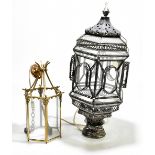 A reproduction silvered metal and glass hall lantern, height 60cm and a modern brass and glass