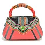 MARY FRANCES; a red grained leather structured handbag decorated with beads and jewels, with green