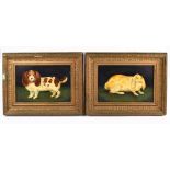 A pair of modern naïve style oil on canvas, representing a lop eared rabbit and dog, each apparently