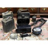 A group of five vintage petrol cans including examples by Pratts (one lacking cap) and a smaller oil