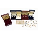 A collection of assorted earrings, cased and loose, including 9ct gold cultured freshwater pearl set