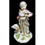 MEISSEN; a late 19th century figure of a child playing bagpipes with lamb by their feet, painted