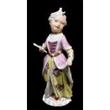 MEISSEN; a 19th century figure of a young lady holding a fan in her right hand, indistinct painted