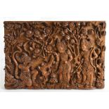 A 20th carved teak Burmese wall plaque 'decorated with a scene of Rama and Sita' 35x52cm.