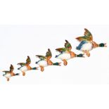 BESWICK; a family of five flying mallard wall plaques, numbers 596-0, 1, 2, 3, and 4, (5).Additional