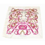 HERMÈS; a cream, pink, and gold Le Mors A La Conetable 100% silk neck scarf in original Hermès