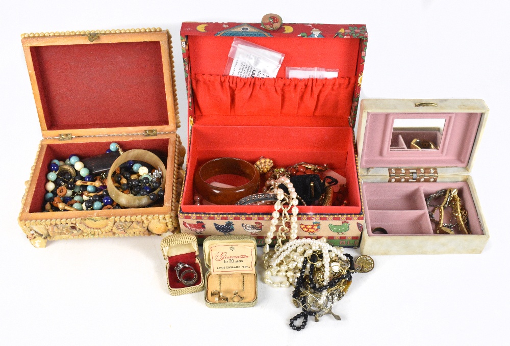 A quantity of costume jewellery including a pair of 9ct gold earrings, small bracelet, silver and