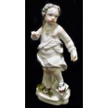 MEISSEN; an early 19th century scantily clad figure with left foot raised upon a stone, apparently