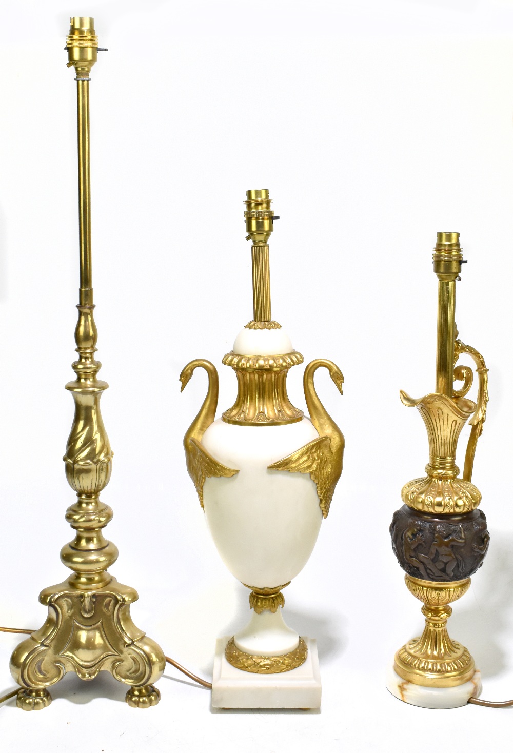 An early 20th century ormolu mounted marble table lamp with mounted handles in the form of swans,
