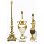 An early 20th century ormolu mounted marble table lamp with mounted handles in the form of swans,