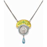 CHARLES HORNER; a George V hallmarked silver yellow/blue/green enamel decorated necklace, the