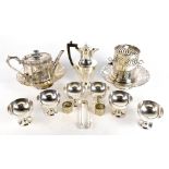 A collection of 19th century and later silver plated items including two pierced pedestal dishes,