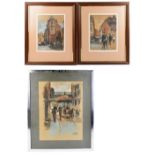 MALCOLM YOUNG; a pair of pastels, figures in northern street scenes, signed and dated 77, 31 x 23cm,