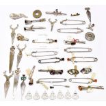 CHARLES HORNER; a group of silver plated coat pins, brooches and bookmarks, some incomplete, one