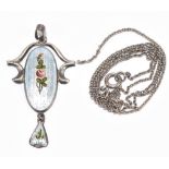 CHARLES HORNER; a sterling silver and painted pale blue enamel decorated pendant of pierced form,