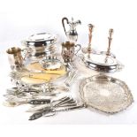 A selection of 19th century and later silver plated wares to include a pair of navette shaped