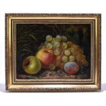 AFTER OLIVER CLAIRE; oil on board, still life of fruit, 21 x 28.5cm, framed.Additional