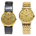 LONGINES; two gentleman's gold plated and stainless steel backed wristwatches, both with date