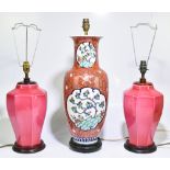 A pair of modern octagonal pink ground lamps on turned wooden bases, height 40cm, also a modern