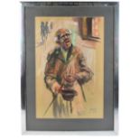 MALCOLM YOUNG; pastel, ‘Street Begger’, an elderly male holding a trilby hat, signed and dated 75,