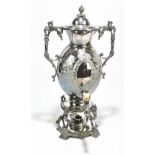 PHILIP ASHBERRY & SONS; a Victorian silver plated tea urn and cover with burner, of oval form,