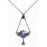 CHARLES HORNER; an Edwardian hallmarked silver and blue/green/purple enamel decorated necklace,