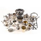 A collection of 19th century and later plated items, to include a three piece tea set and baskets (