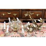 A reproduction six branch chandelier in the Rococo style with glass droplets, height 48cm and a