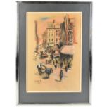 MALCOLM YOUNG; pair of pastels, ‘Horse and Cart beside Market Scene and figures beside The Salisbury