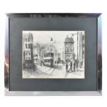 MALCOLM YOUNG; pencil, ‘Figures with Trams in Street Scene’, signed and dated 76, 24 x 31cm,