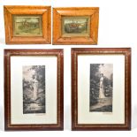 HUNTING INTEREST; two 19th century coloured etchings depicting hunting scenes, in maple frames, 12.5