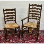 A set of six 18th century style oak rush seat ladder back chairs, (6).