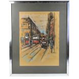 MALCOLM YOUNG; pastel, ‘Figures and Trams in Street Scene’, signed and dated 70, 51 x 38.5cm, framed