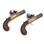 SOUTHALL; a pair of late 18th/early 19th century flintlock pocket pistols both with chequered walnut