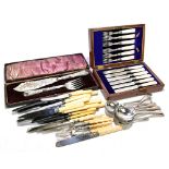 A small quantity of assorted silver plated flatware including a mahogany cased set of six knives and