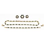 D'ORLAN; a vintage gold tone green stone and crystal necklace, bracelet and matching pierced earring