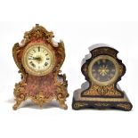 An American faux inlaid simulated rouge marble brass mounted mantel clock, height 34cm (af), and