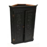 A Victorian carved oak flat fronted hanging corner cupboard, (af).